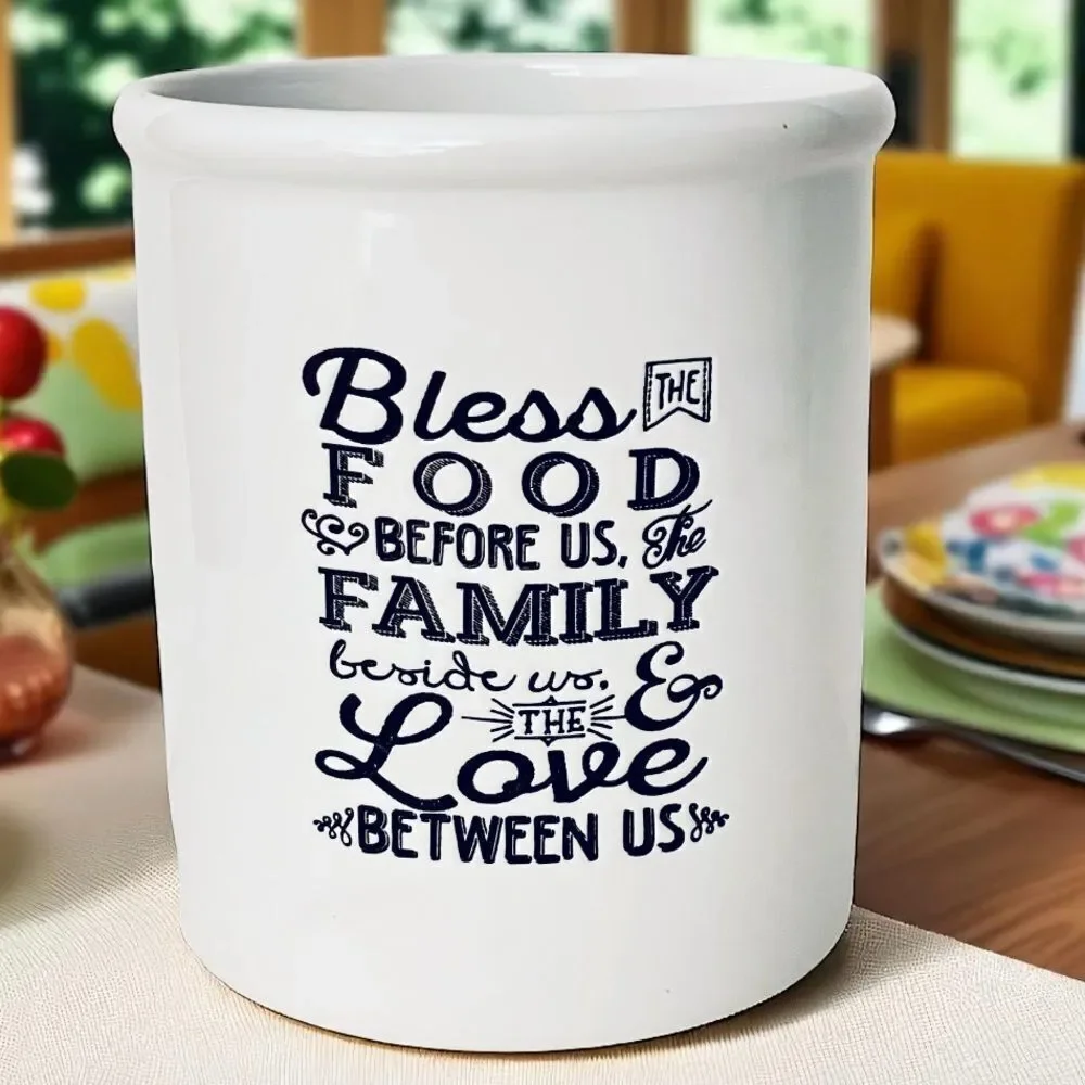 NWT Devotions Bless the Food Utensil White Ceramic Inspirational Container Jar